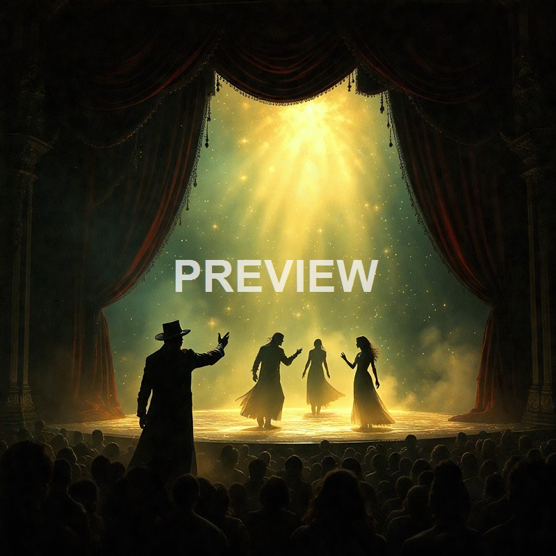 A theatrical stage with red velvet curtains open to reveal four dancers illuminated by golden light, with an audience in silhouette watching the performance.